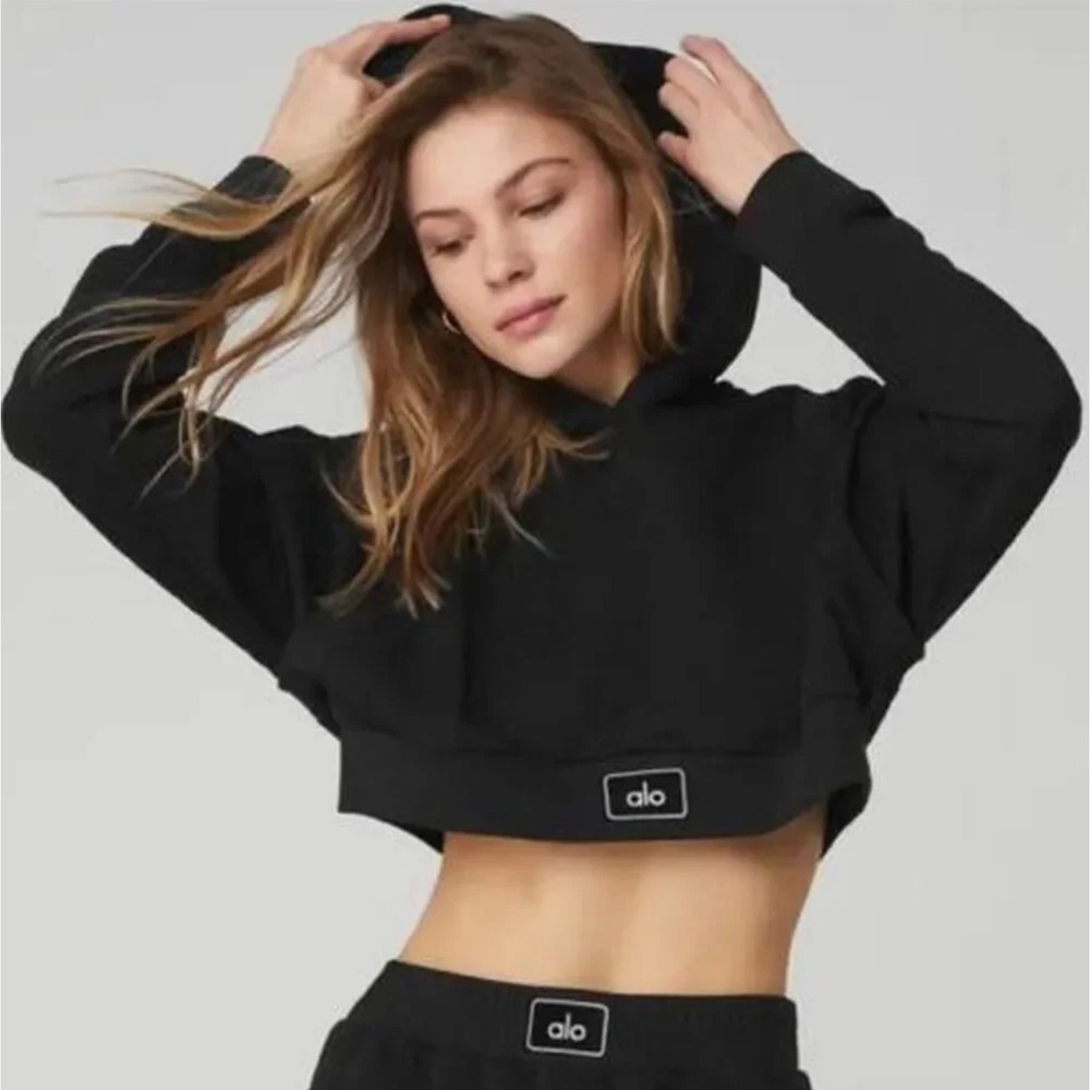 Alo Yoga Black Quilted Arena Cropped Hoodie Logo Patch Activewear